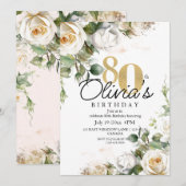 Invitation Greenery White Roses & Gold 80th Birthday (Devant / Derrière)