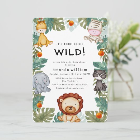 Invitation Greenery Wild Forest Sarafi Animals Baby Shower (Debout devant)