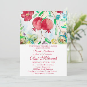 Invitation Grenade Élégant Floral Fille Juive Bat Mitzvah