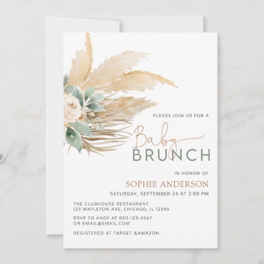 Invitation Grennery Boho Pampas Grass Baby Brunch Baby shower (Devant)