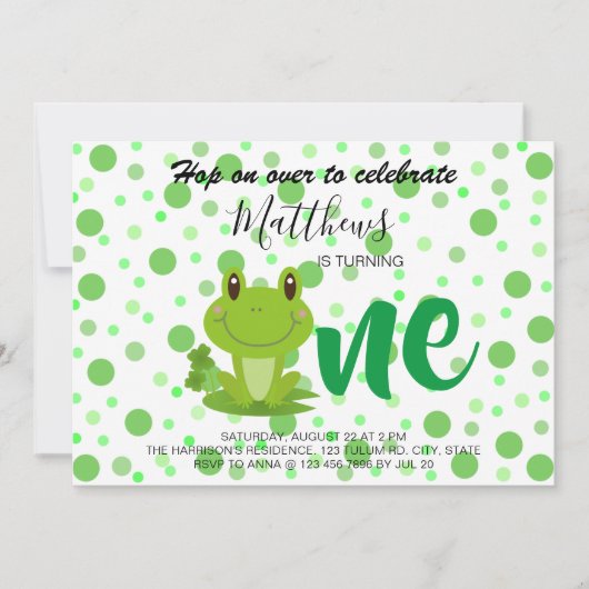 Invitation Grenouille 1er anniversaire points de fête Invitat (Devant)