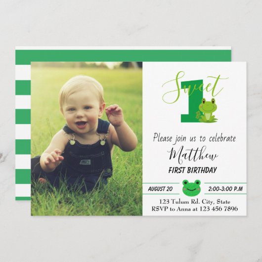 Invitation Grenouille 1ère fête d'anniversaire Un an Douce cr (Devant / Derrière)