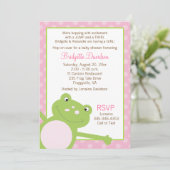 Invitation Grenouille à baguette verte Baby shower rose (Debout devant)