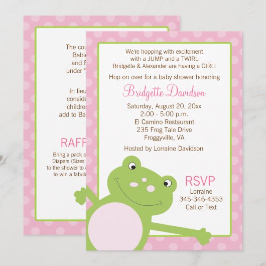 Invitation Grenouille à baguette verte Baby shower rose (Devant / Derrière)