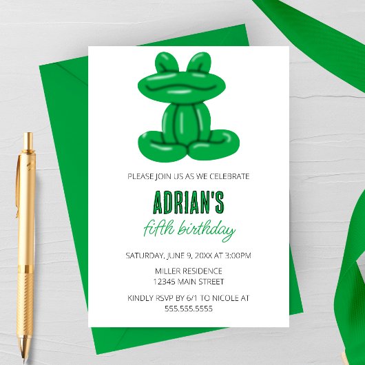 Invitation Grenouille Balloon Animal fête d'anniversaire