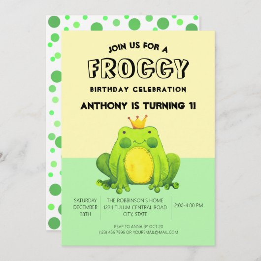 Invitation Grenouille bébé 1er anniversaire confetti vert per (Devant / Derrière)