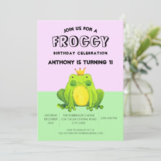 Invitation Grenouille bébé 1er anniversaire confetti vert per (Debout devant)