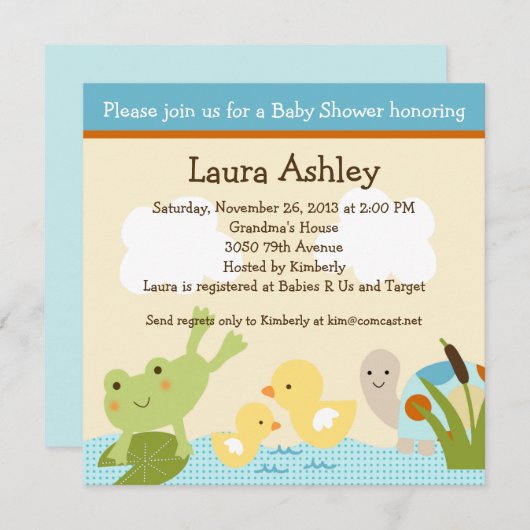 Invitation Grenouille dans l'étang/Baby shower tortue Invitat (Devant / Derrière)