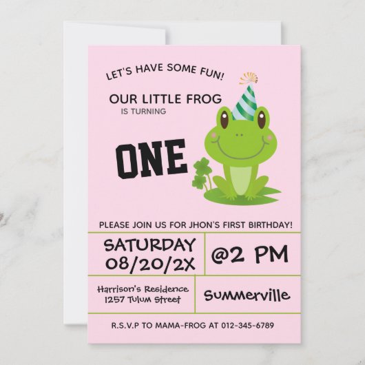 Invitation Grenouille fête 1er anniversaire rose (Devant)
