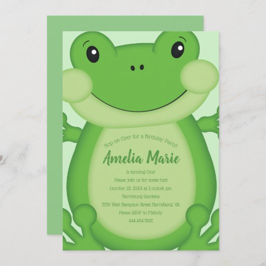 Invitation Grenouille fête d'anniversaire Vert (Devant / Derrière)