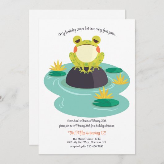 Invitation Grenouille sur Lily Pad (Devant / Derrière)