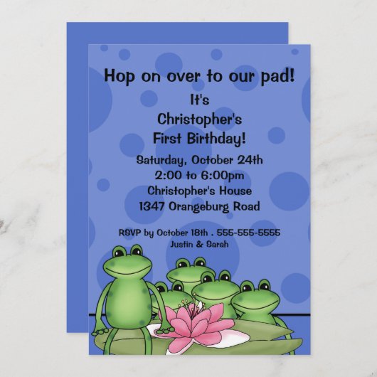 Invitation Grenouilles mûres sur Lily Pad 1er anniversaire (Devant / Derrière)