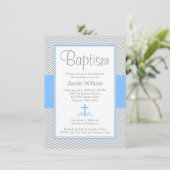 Invitation Grey Chevron Croix Bleue Bois Baptême Christening (Debout devant)