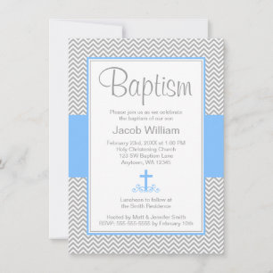 Invitation Grey Chevron Croix Bleue Bois Baptême Christening