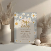 Invitation Grey Daisy Hello Baby Retro Boho Baby shower