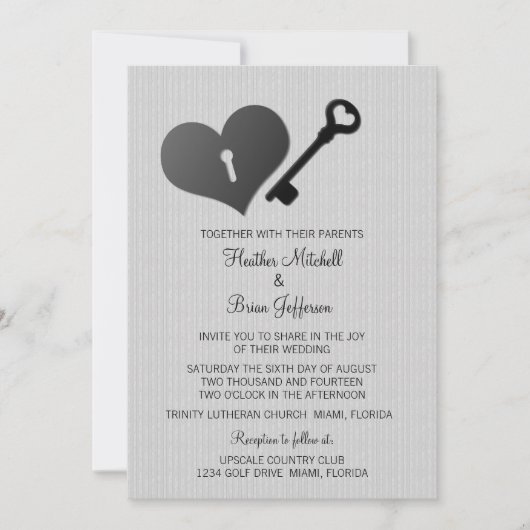 Invitation Grey Heart Lock et mariage clé Inviter (Devant)