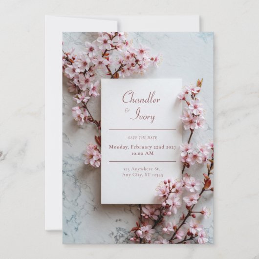 Invitation Grey Marble Pink Sakura Botanical Frame Wedding (Devant)
