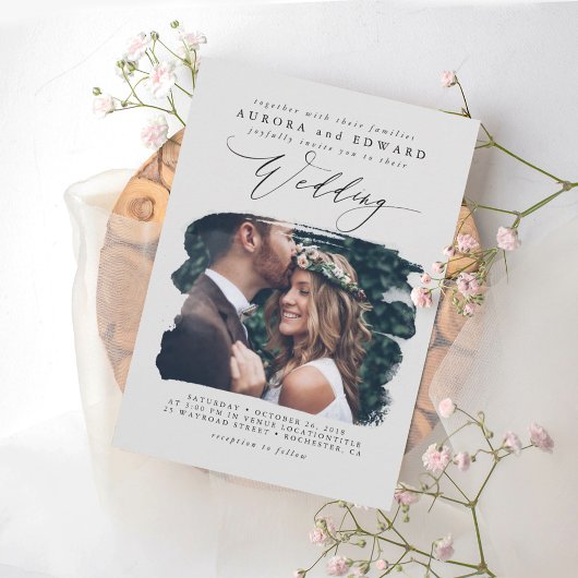 Invitation Grey Modern Stylish Boho Wedding Photo Invite