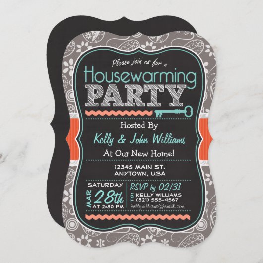Invitation Grey Paisley; Chalkboard House Party (Devant / Derrière)