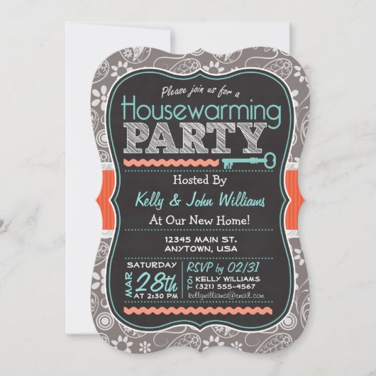 Invitation Grey Paisley; Chalkboard House Party (Devant)