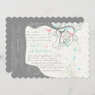 Invitation Grey Peachy Pink Minty Aqua Love Bird Wedding