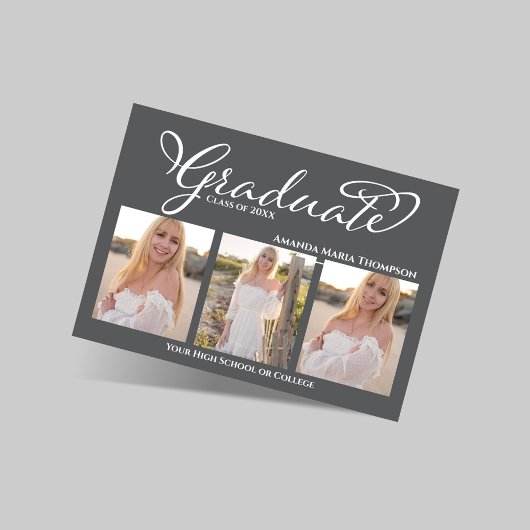 Invitation Grey Script 3 Photo Graduation Announcement