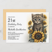 Invitation Grey Tabby Kitten Chat Sunflowers 21e anniversaire (Devant / Derrière)