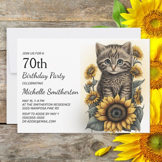 Invitation Grey Tabby Kitten Chat Sunflowers 70e anniversaire
