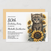 Invitation Grey Tabby Kitten Chat Sunflowers 80e anniversaire (Devant / Derrière)