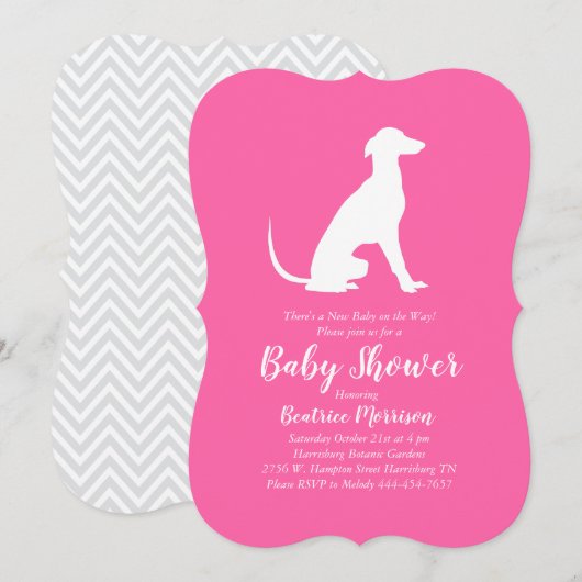 Invitation Greyhound Chien Baby shower fille rose (Devant / Derrière)