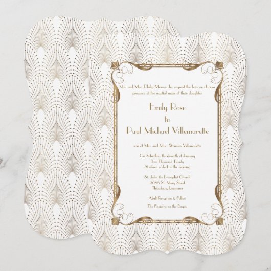 Invitation Grille 20s Grand Gatsby Gold Mariage blanc (Devant / Derrière)