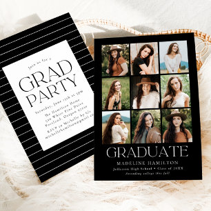 Invitation Grille moderne Noir 9 Photo Collage Party Graduati