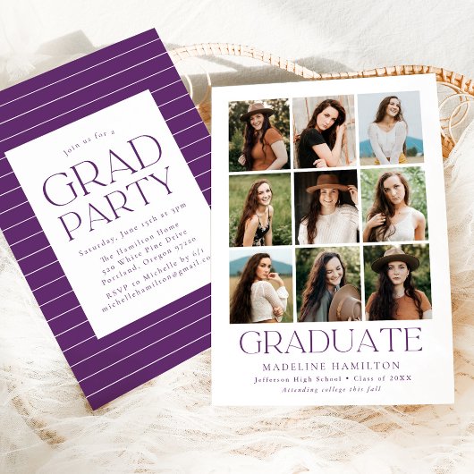 Invitation Grille moderne violet 9 Photo Graduation Party