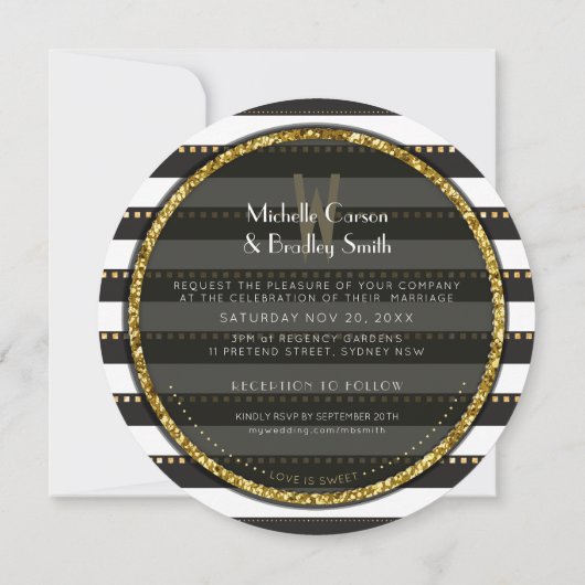 Invitation Grilles funky noir blanc et Mariage rond or (Dos)
