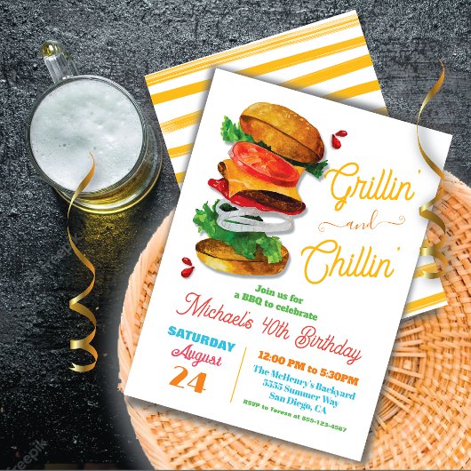 Invitation Grillin et Chillin BBQ Hamburger Anniversaire
