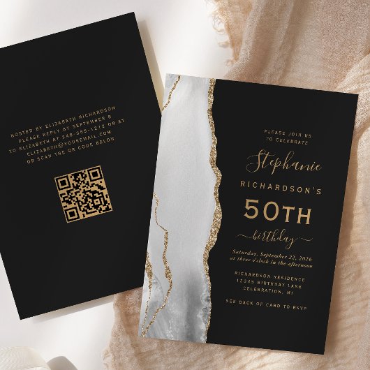 Invitation Gris Agate QR Code 50e Anniversaire