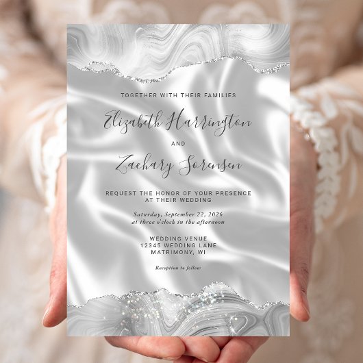 Invitation Gris Argent Agate Blanc Soie Mariage