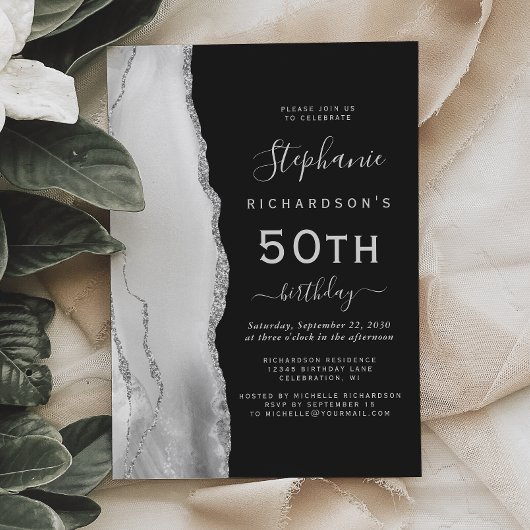 Invitation Gris Argent Agate noir 50e anniversaire