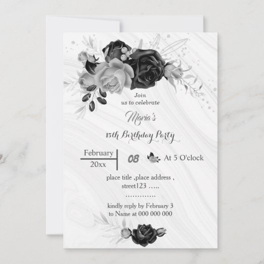Invitation gris argent et fleurs noires anniversaire (Devant)