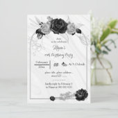 Invitation gris argent et fleurs noires anniversaire (Debout devant)