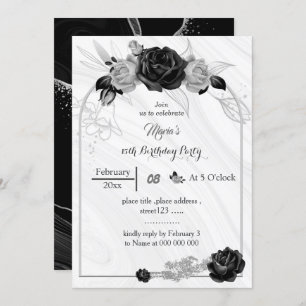 Invitation gris argent et fleurs noires anniversaire