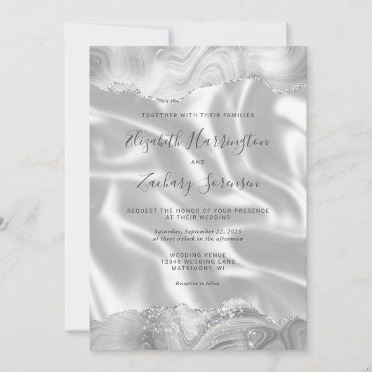 Invitation Gris argenté Agate blanc Mariage de soie (Devant)