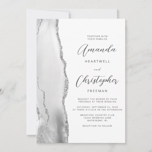 Invitation Gris argenté Agate QR Code Mariage (Devant)