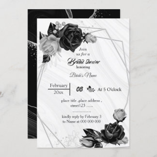 Invitation gris argenté et fleurs noires douche géométrique n