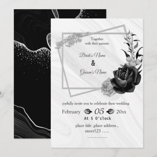 Invitation gris argenté et noir mariage géométrique botanique (Devant / Derrière)