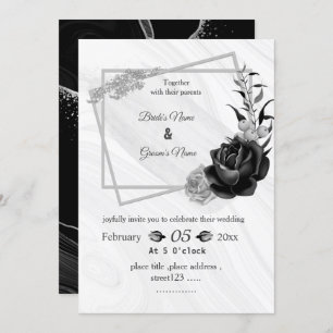 Invitation gris argenté et noir mariage géométrique botanique