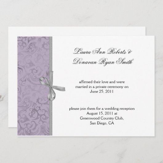 Invitation Gris Blanc Damassé Mariage Violet Clair (Devant / Derrière)