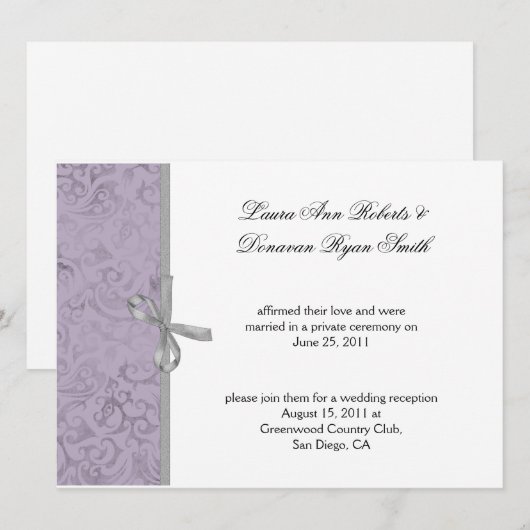 Invitation Gris Blanc Damassé Violet Clair Mariage (Devant / Derrière)