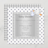 Invitation Gris blanc En vichy bébé douche simple cigogne (Devant / Derrière)