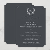 Invitation Gris + Blanc Monogramme Laurel Wreath Graduation (Devant / Derrière)